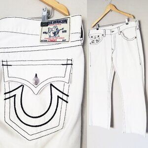 True Religion Men's 40 Straight Leg Jeans Optic White Blue Stitch Flap Raw Hem